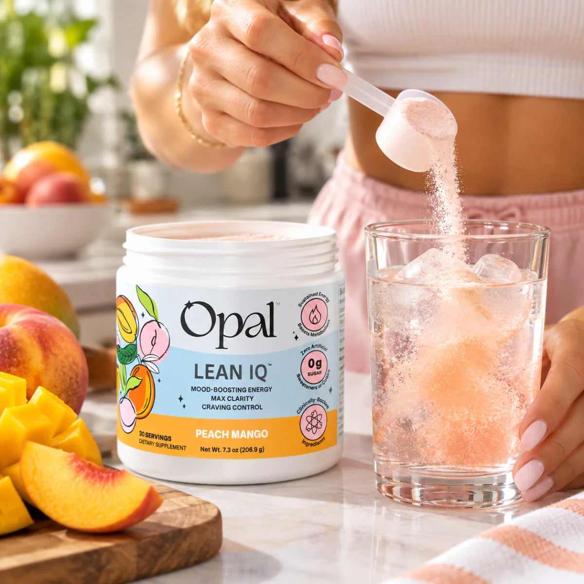 LeanIQ Peach Mango poured into iced water