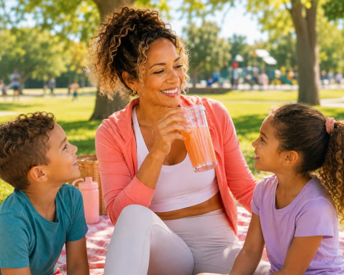 Woman with kids enjoying LeanIQ outdoors